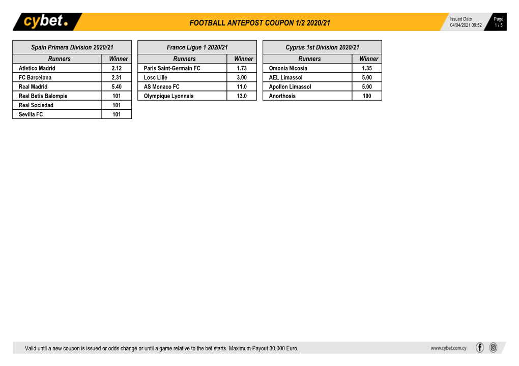 Football Antepost Coupon 1/2 2020/21 04/04/2021 09:52 1 / 5