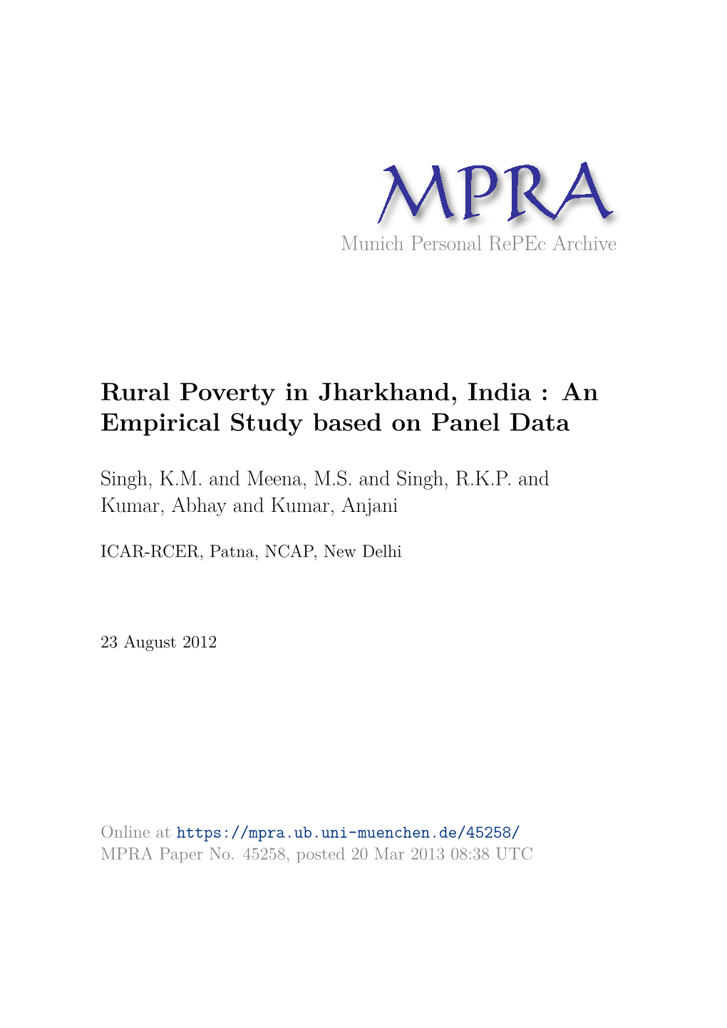 Rural Poverty in Jharkhand, India : an Empirical Study Based on Panel Data