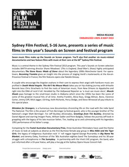 Sydney Film Festival, 5-16 June, Presents a Series of Music Films in This Year's Sounds on Screen and Festival Program