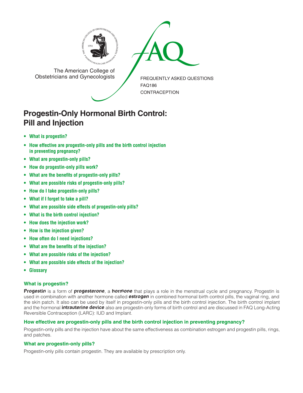 Progestin-Only Hormonal Birth Control: Pill and Injection