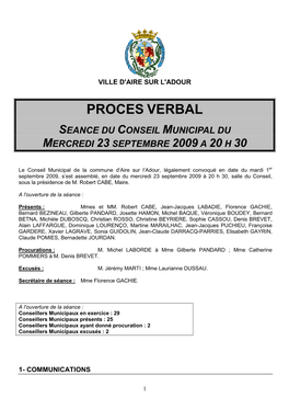 Proces Verbal Seance Du Conseil Municipal Du Mercredi 23 Septembre 2009 a 20 H 30