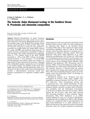 The Tunicate Salpa Thompsoni Ecology in the Southern Ocean II
