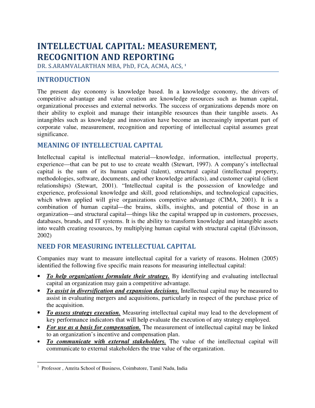 Intellectual Capital: Measurement, Recognition and Reporting Dr