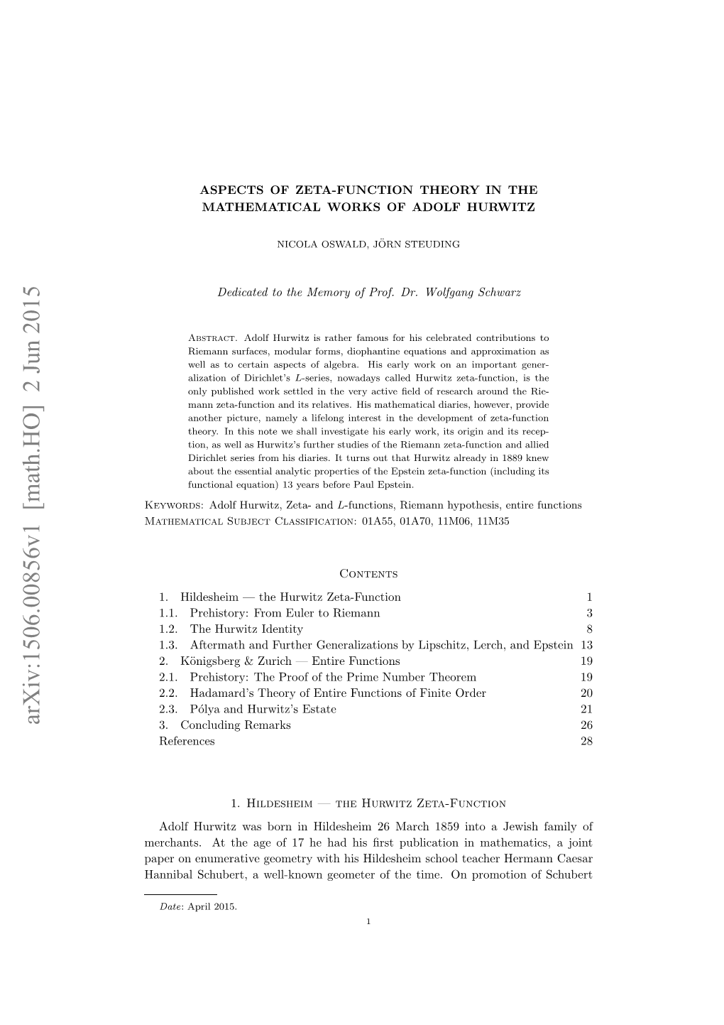 Aspects of Zeta-Function Theory in the Mathematical Works of Adolf Hurwitz