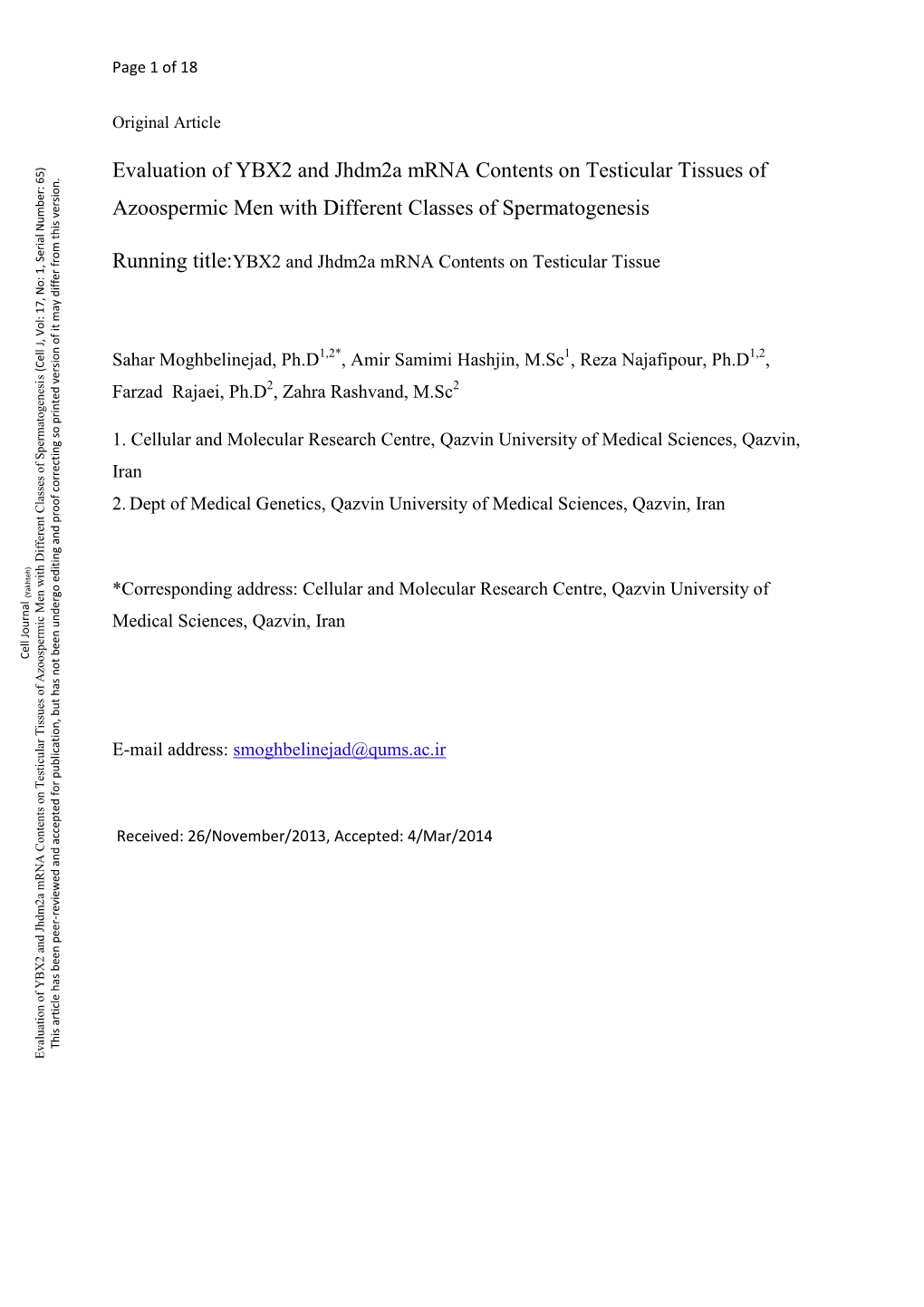 Evaluation of YBX2 and Jhdm2a Mrna Contents on Testicular Tissues of Azoospermic Men with Different Classes of Spermatogenesis