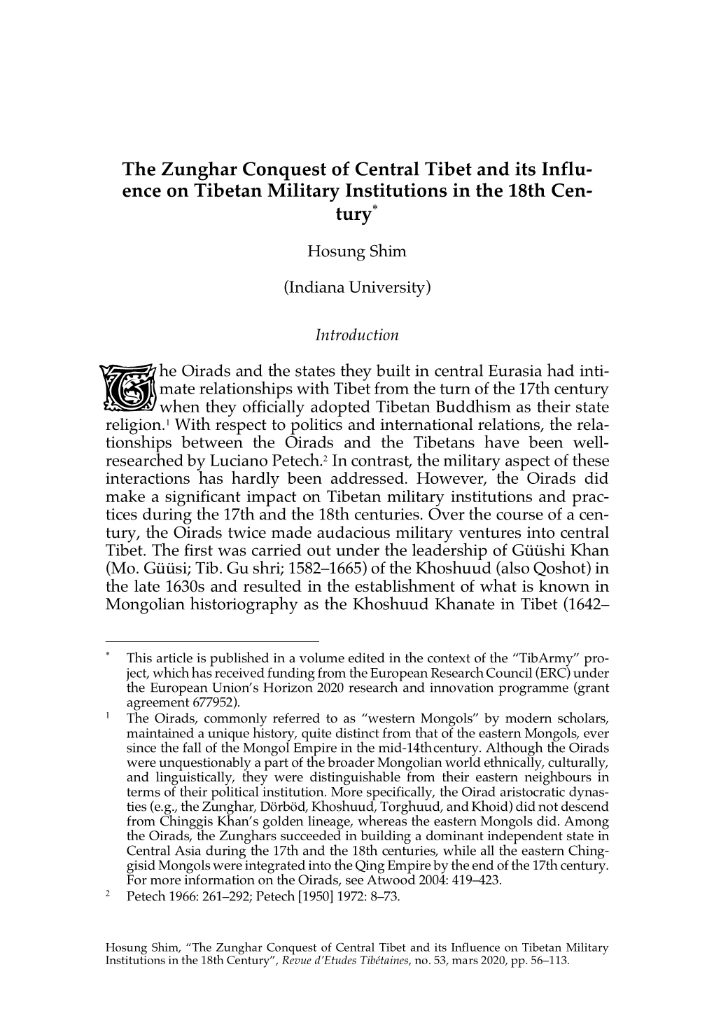 The Zunghar Conquest of Central Tibet and Its Influ- Ence on Tibetan Military Institutions in the 18Th Cen- Tury*