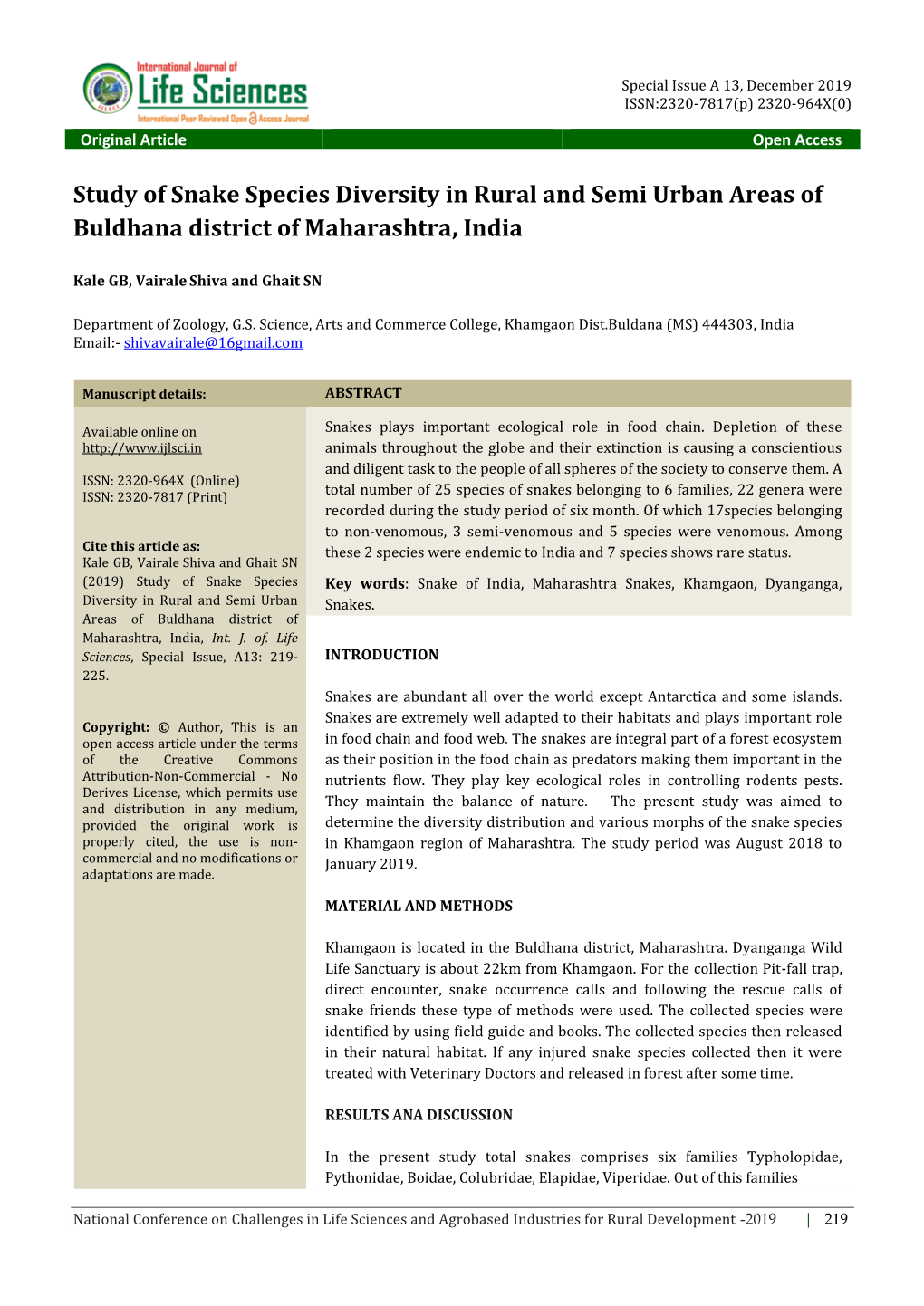 Study of Snake Species Diversity in Rural and Semi Urban Areas of Buldhana District of Maharashtra, India