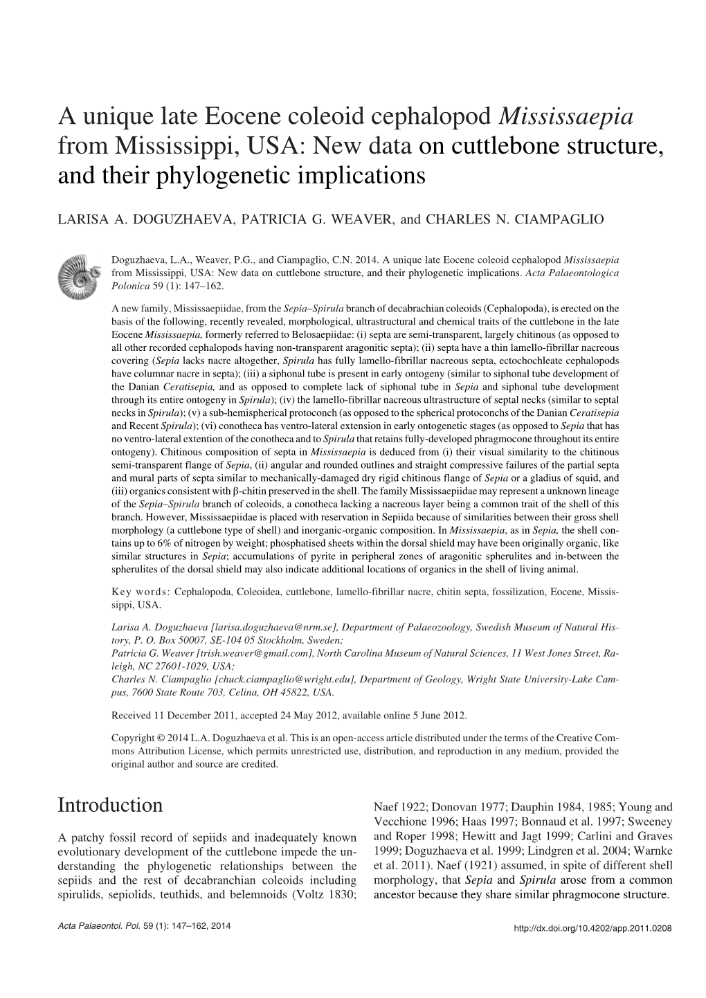 A Unique Late Eocene Coleoid Cephalopod Mississaepia from Mississippi, USA: New Data on Cuttlebone Structure, and Their Phylogenetic Implications