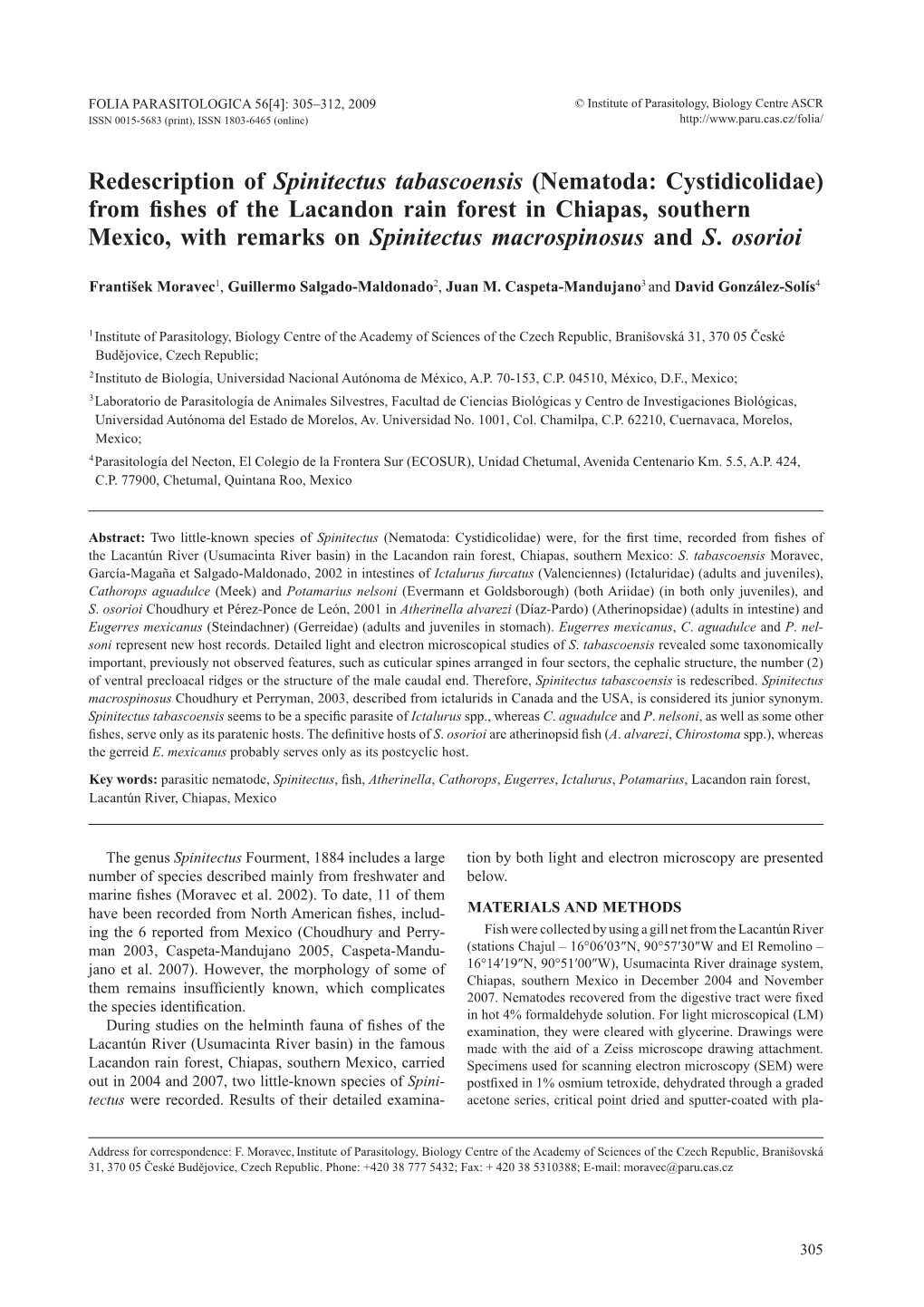 (Nematoda: Cystidicolidae) from Fishes of the Lacandon Rain Forest in Chiapas, Southern Mexico, with Remarks on Spinitectus Macrospinosus and S