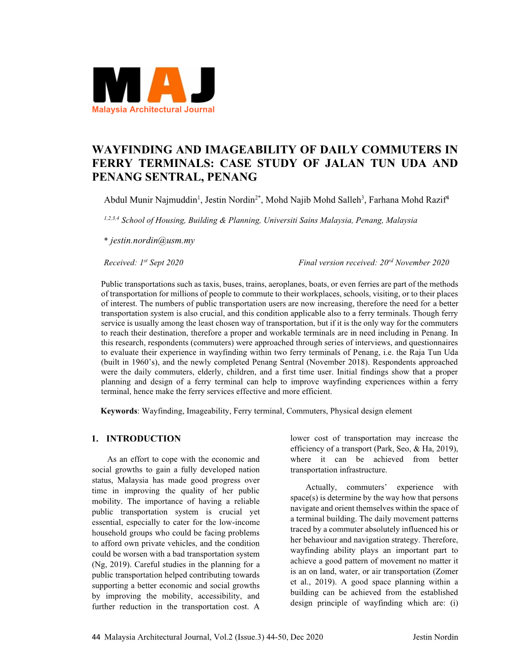 Wayfinding and Imageability of Daily Commuters in Ferry Terminals: Case Study of Jalan Tun Uda and Penang Sentral, Penang