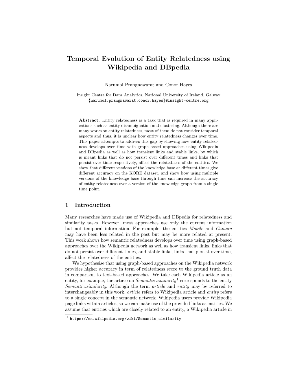 Temporal Evolution of Entity Relatedness Using Wikipedia and Dbpedia