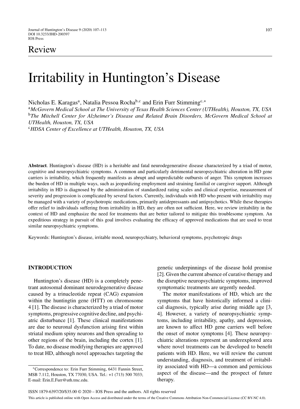 Irritability in Huntington's Disease