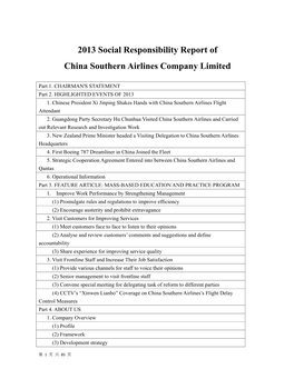2013 Social Responsibility Report of China Southern Airlines Company Limited