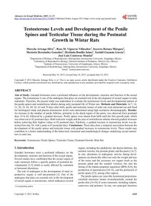 Testosterone Levels and Development of the Penile Spines and Testicular Tissue During the Postnatal Growth in Wistar Rats