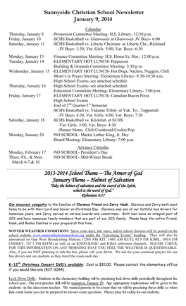 Sunnyside Christian School Newsletter January 9, 2014