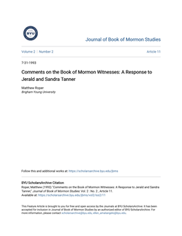 Comments on the Book of Mormon Witnesses: a Response to Jerald and Sandra Tanner