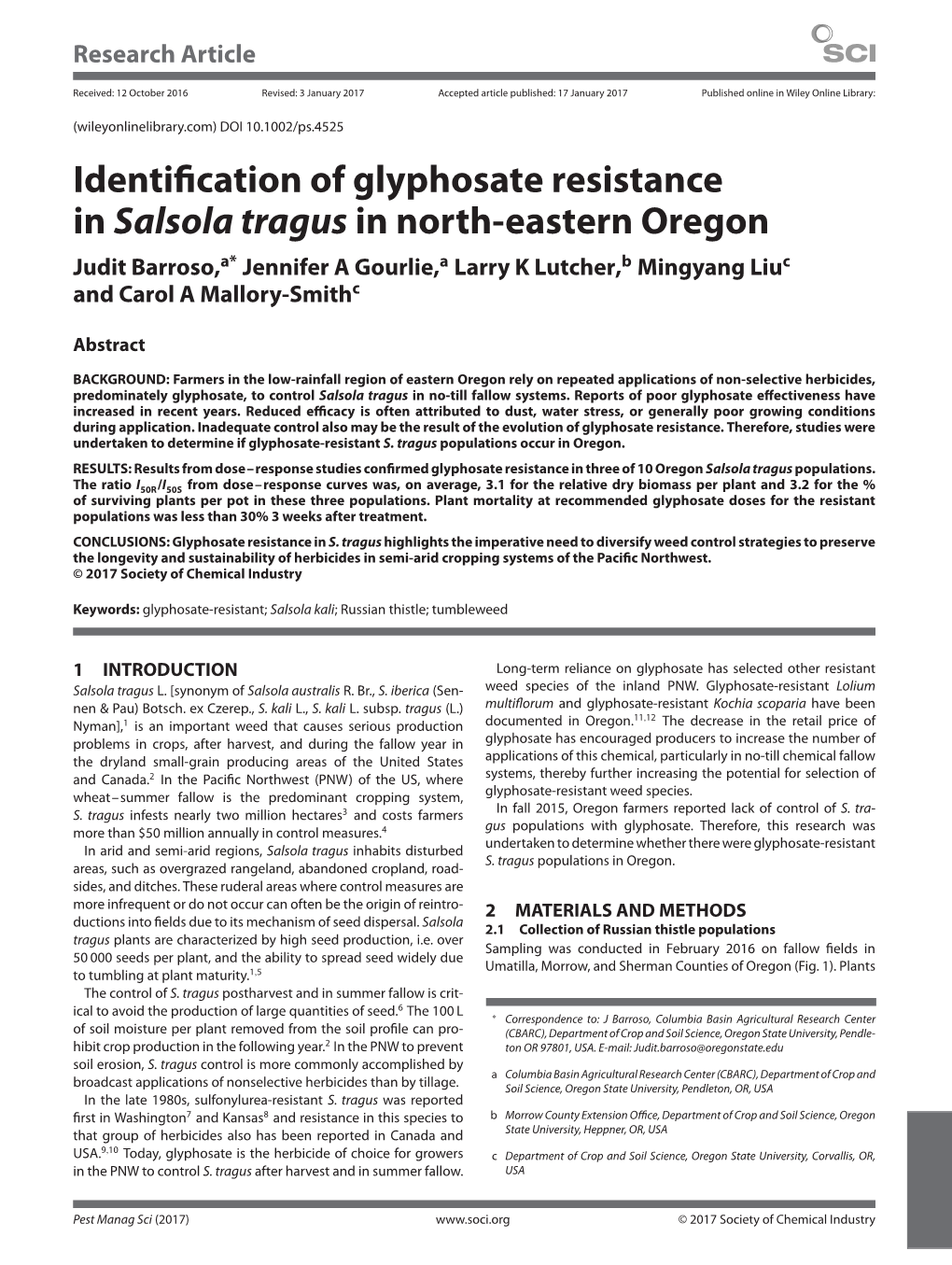 Identification of Glyphosate Resistance in Salsola Tragus in North-Eastern