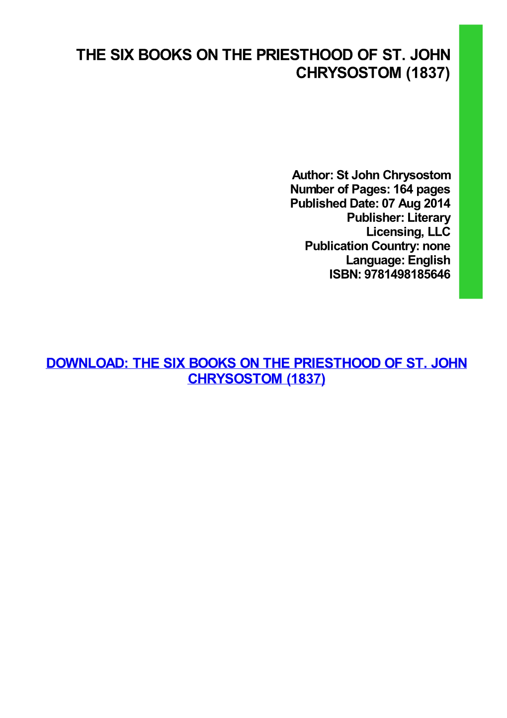 {PDF} the Six Books on the Priesthood of St. John Chrysostom