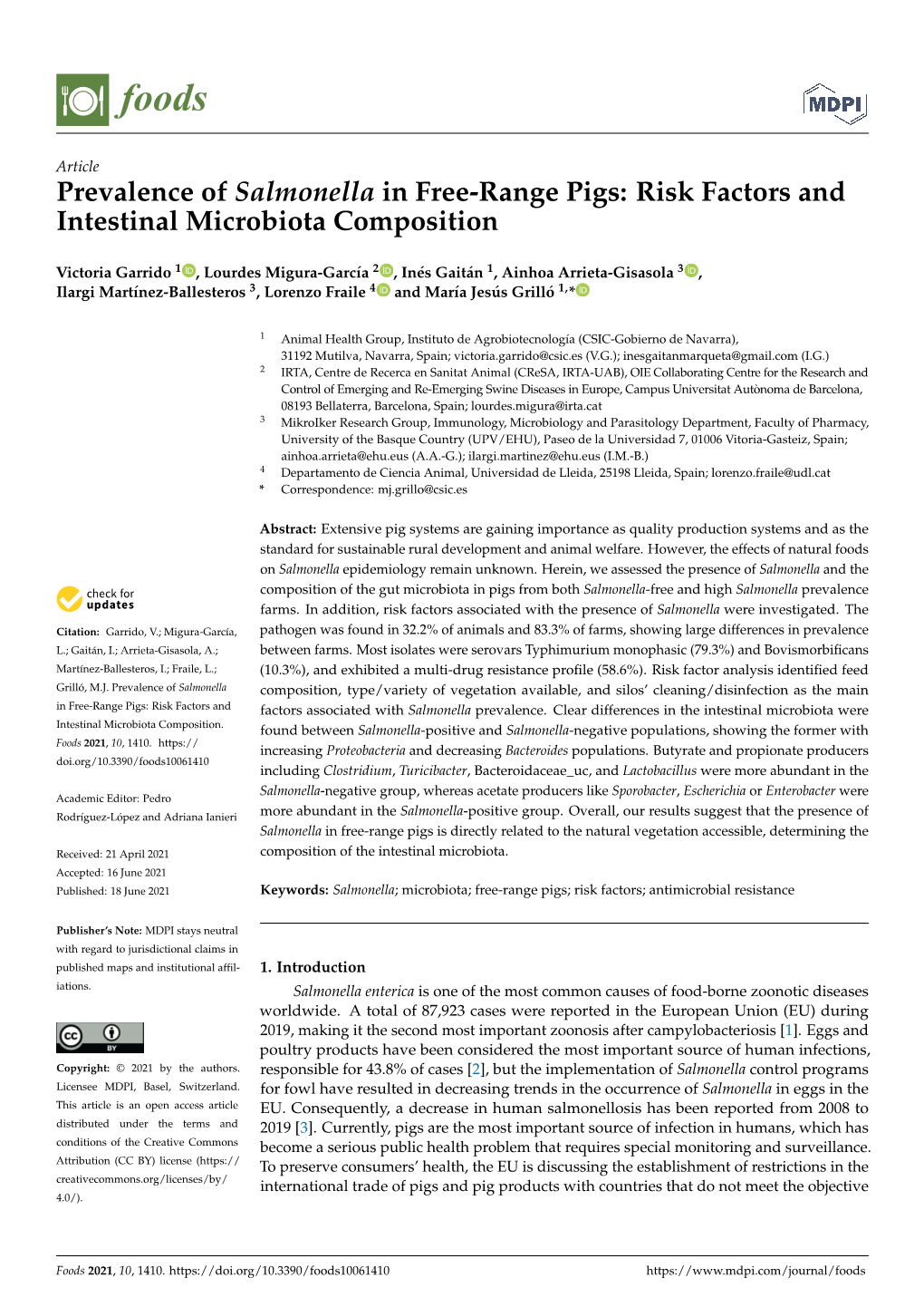 Prevalence of Salmonella in Free-Range Pigs: Risk Factors and Intestinal Microbiota Composition