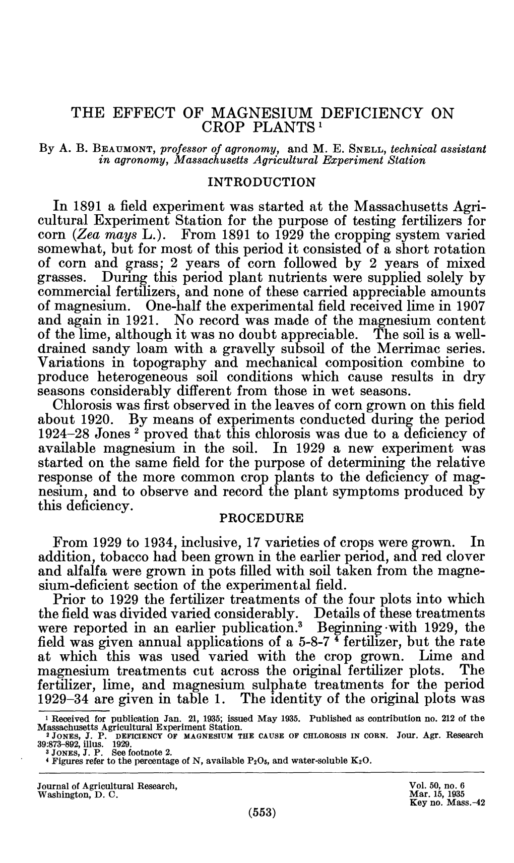 THE EFFECT of MAGNESIUM DEFICIENCY on CROP PLANTS 1 by A