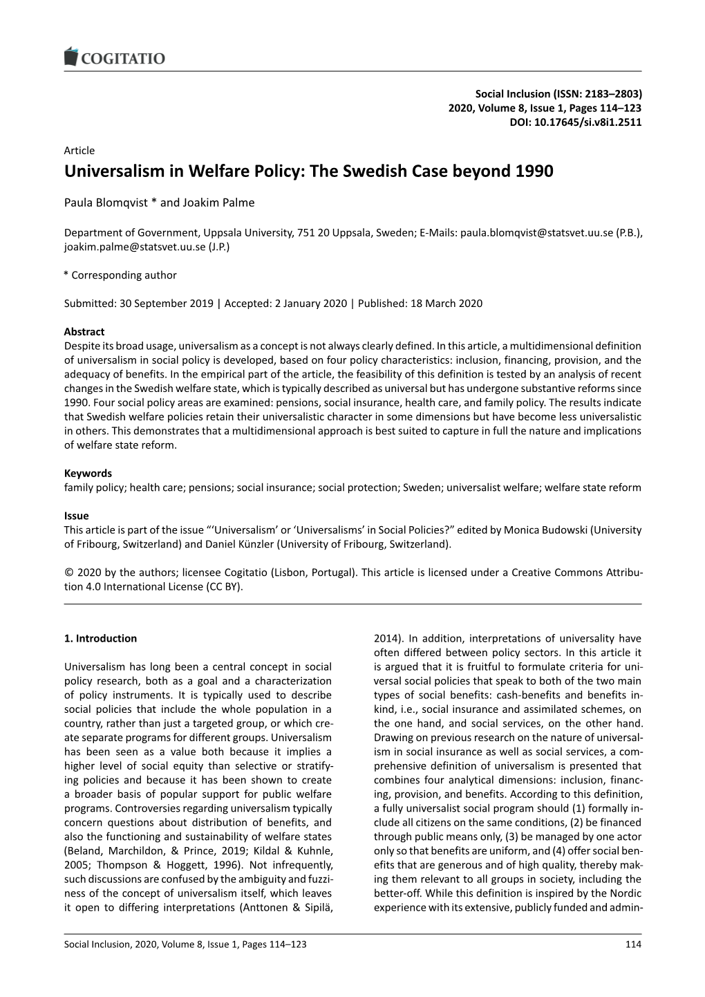Universalism in Welfare Policy: the Swedish Case Beyond 1990