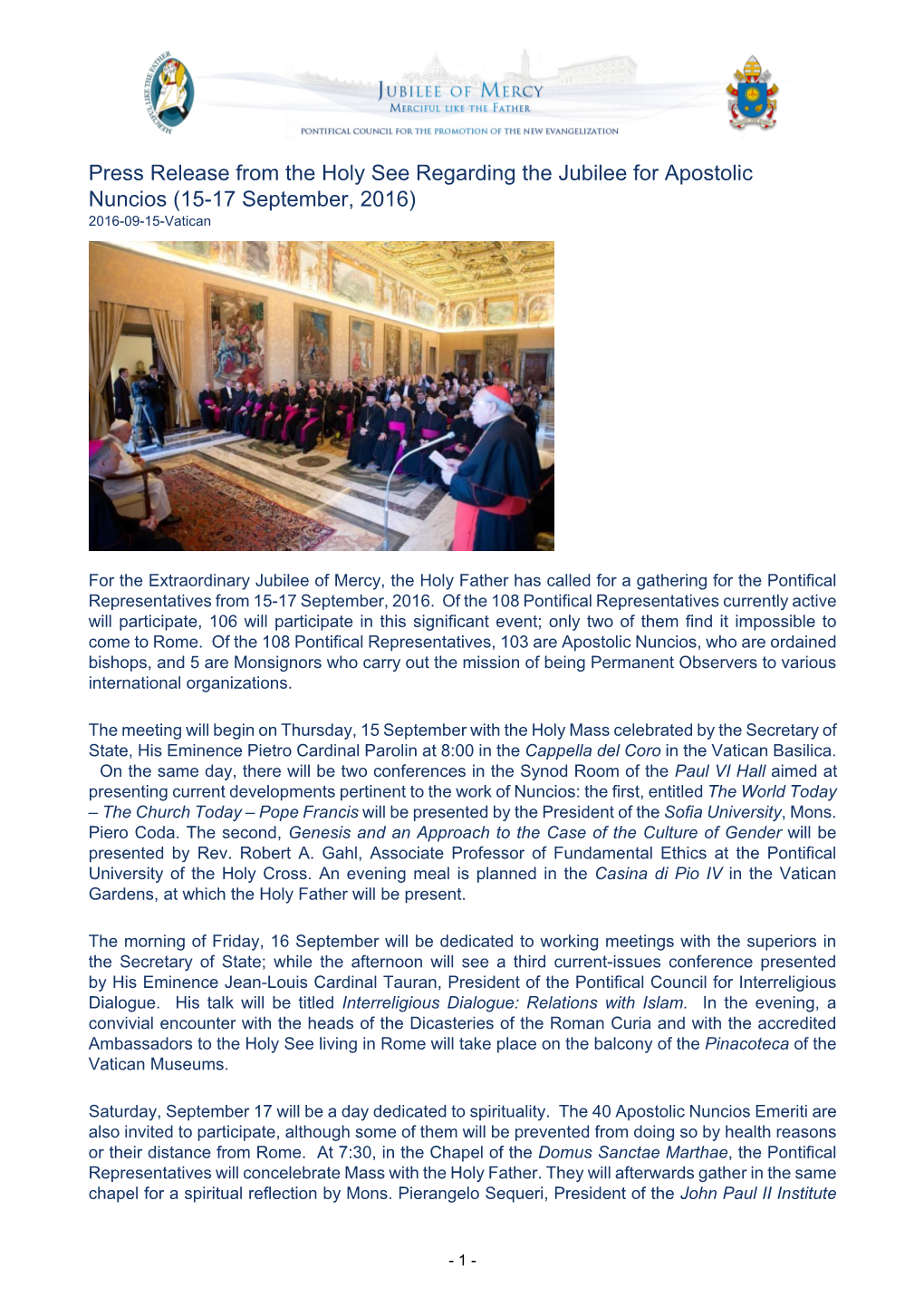 Press Release from the Holy See Regarding the Jubilee for Apostolic Nuncios (15-17 September, 2016) 2016-09-15-Vatican