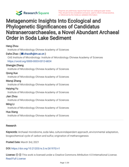 Metagenomic Insights Into Ecological and Phylogenetic Signifcances of Candidatus Natranaeroarchaeales, a Novel Abundant Archaeal Order in Soda Lake Sediment