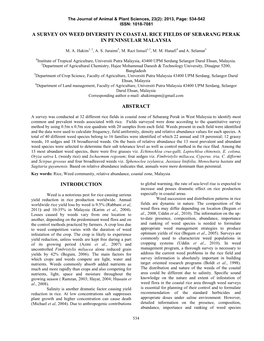 A Survey on Weed Diversity in Coastal Rice Fields of Sebarang Perak in Peninsular Malaysia