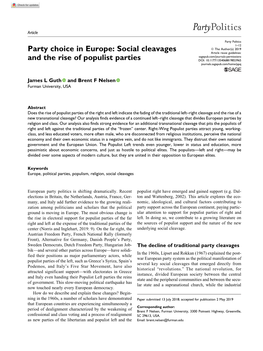 Party Choice in Europe: Social Cleavages and the Rise of Populist Parties