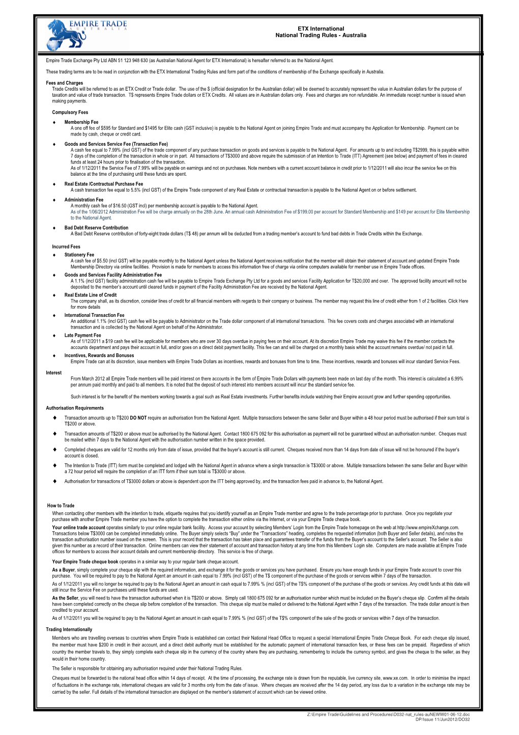 ETX International National Trading Rules - Australia