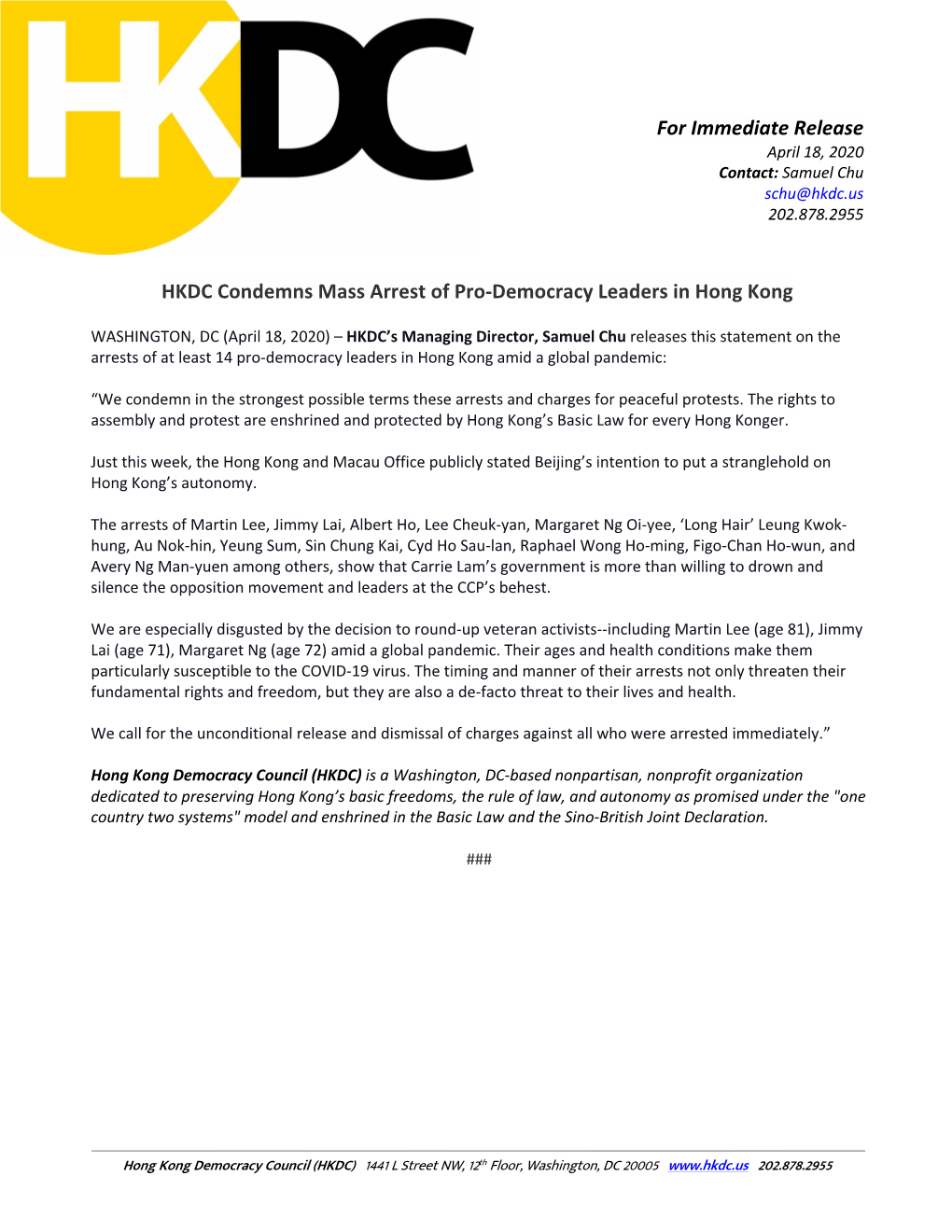 HKDC Condemns Mass Arrest of Pro-Democracy Leaders in Hong Kong