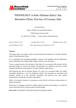 PHONOLOGY in Italo-Albanian Dialect: San Benedetto Ullano, Province of Cosenza, Italy