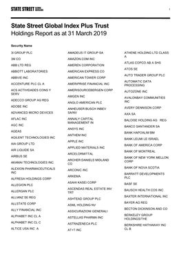 State Street Global Index Plus Trust Holdings Report As at 31 March 2019