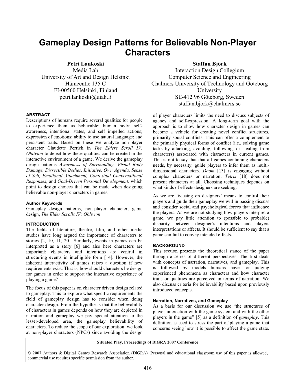 Gameplay Design Patterns for Believable Non-Player Characters