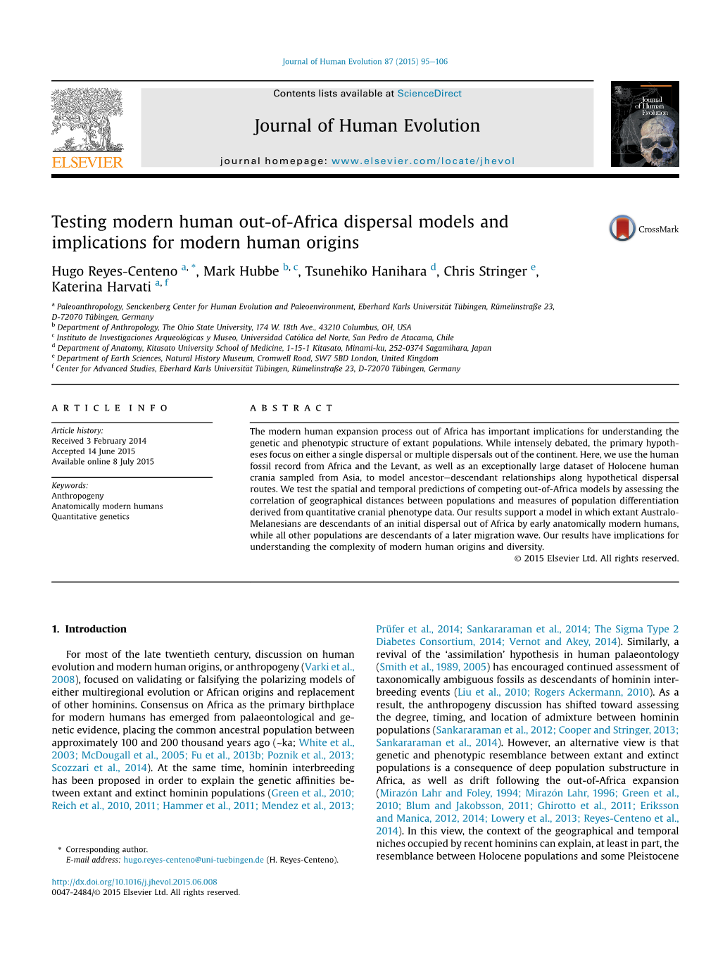 Testing Modern Human Out-Of-Africa Dispersal Models and Implications for Modern Human Origins