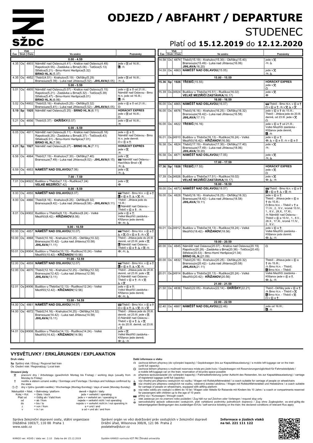 ODJEZD / ABFAHRT / DEPARTURE STUDENEC Platí Od 15.12.2019 Do 12.12.2020 Vlak Vlak Čas Druh Číslo Ve Směru Poznámky Čas Druh Číslo Ve Směru Poznámky