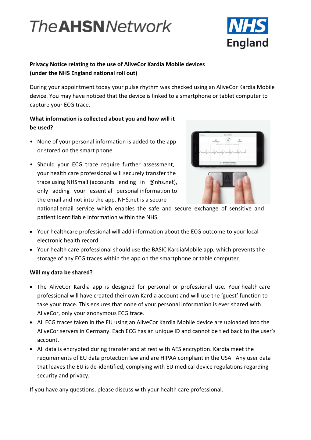 Privacy Notice Relating to the Use of Alivecor Kardia Mobile Devices (Under the NHS England National Roll Out)