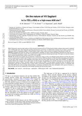 Arxiv:2011.09184V1 [Astro-Ph.SR] 18 Nov 2020 Consider VX Sgr As a High-Mass (M & 10 M ) Red Supergiant García-Hernández Et Al
