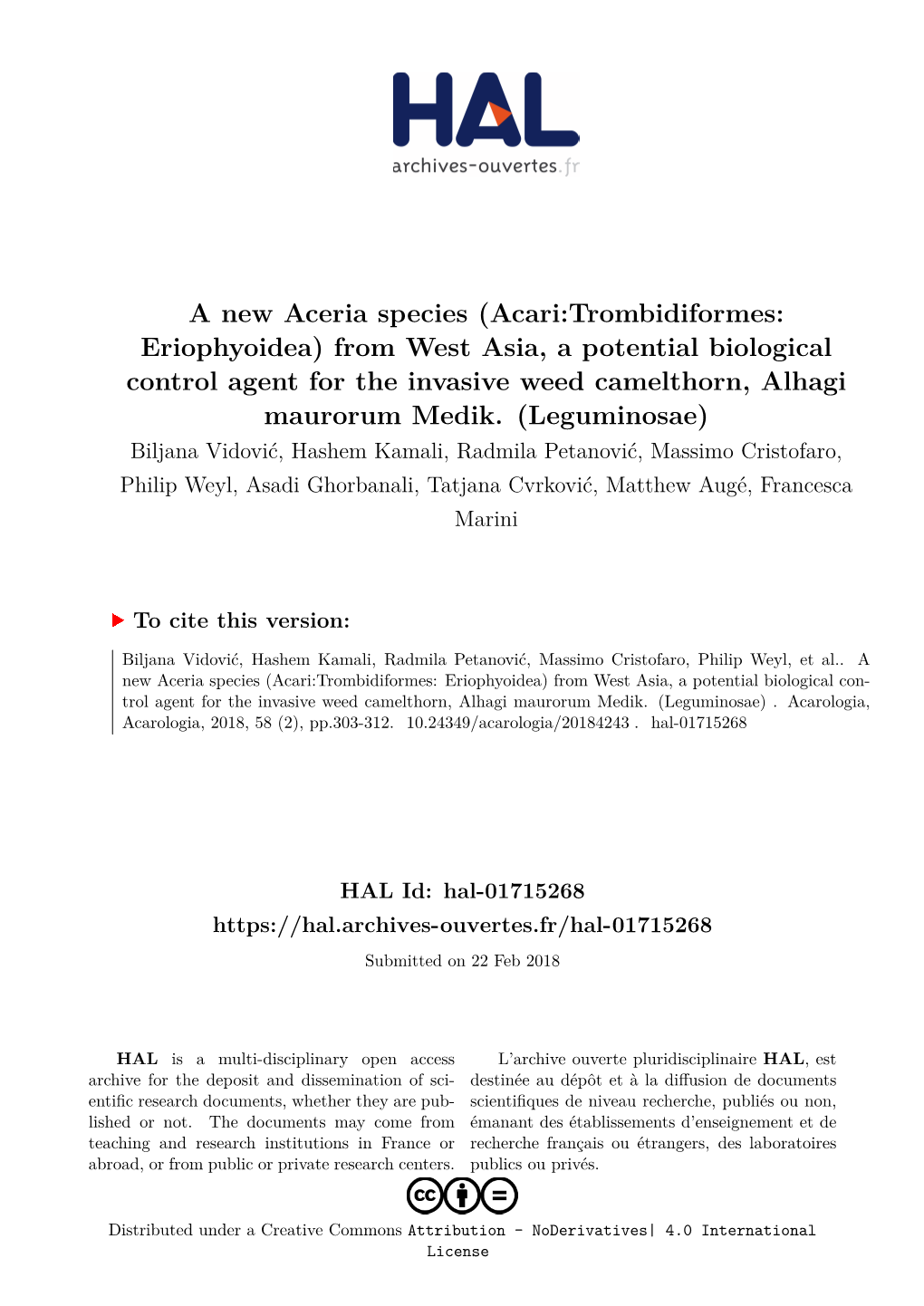 Acari:Trombidiformes: Eriophyoidea) from West Asia, a Potential Biological Control Agent for the Invasive Weed Camelthorn, Alhagi Maurorum Medik