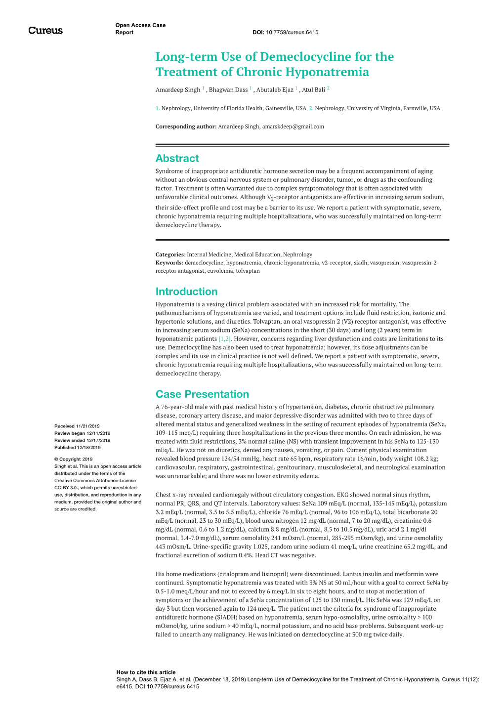 Long-Term Use of Demeclocycline for the Treatment of Chronic Hyponatremia