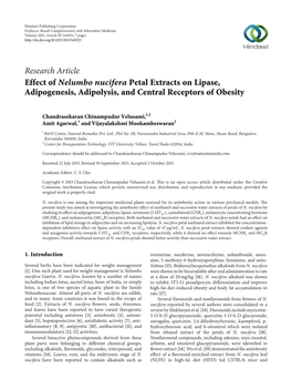 Effect of Nelumbo Nucifera Petal Extracts on Lipase, Adipogenesis, Adipolysis, and Central Receptors of Obesity