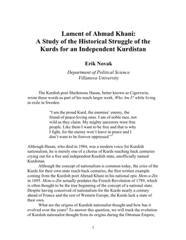 Lament of Ahmad Khani: a Study of the Historical Struggle of the Kurds for an Independent Kurdistan