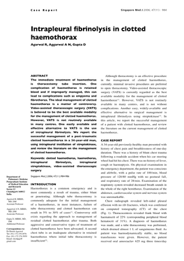 Intrapleural Fibrinolysis in Clotted Haemothorax Agarwal R, Aggarwal a N, Gupta D