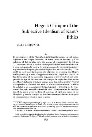 Hegel's Critique of the Subjective Idealism of Kant's Ethics