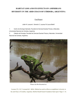 Habitat Loss and Its Effects on Amphibians Diversity in the Arid Chaco of Córdoba, Argentina