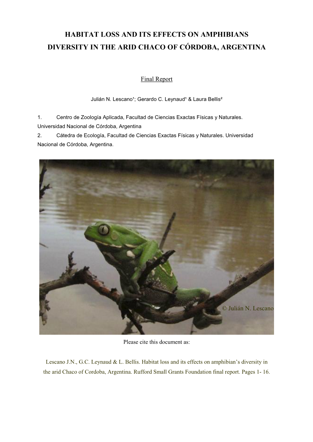 Habitat Loss and Its Effects on Amphibians Diversity in the Arid Chaco