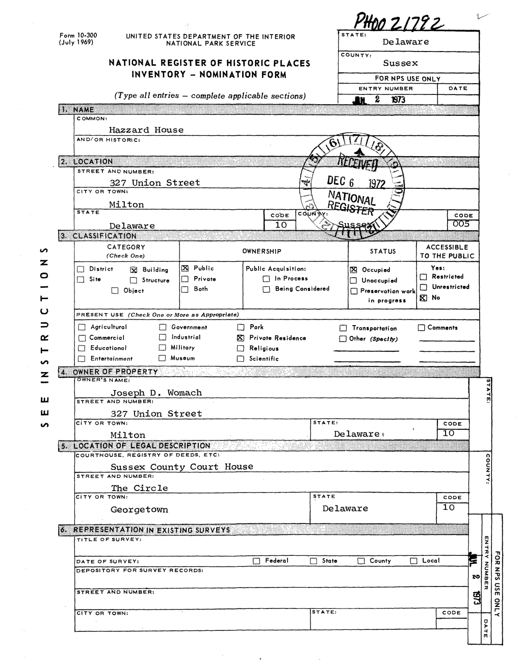 Pttm 2/7F £- Form 10-300 UNITED STATES DEPARTMENT of the INTERIOR (July 1969) NATIONAL PARK SERVICE Delaware