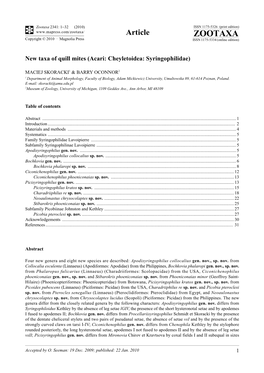 Zootaxa, New Taxa of Quill Mites (Acari: Cheyletoidea: Syringophilidae)