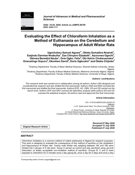 Evaluating the Effect of Chloroform Inhalation As a Method of Euthanasia on the Cerebellum and Hippocampus of Adult Wistar Rats