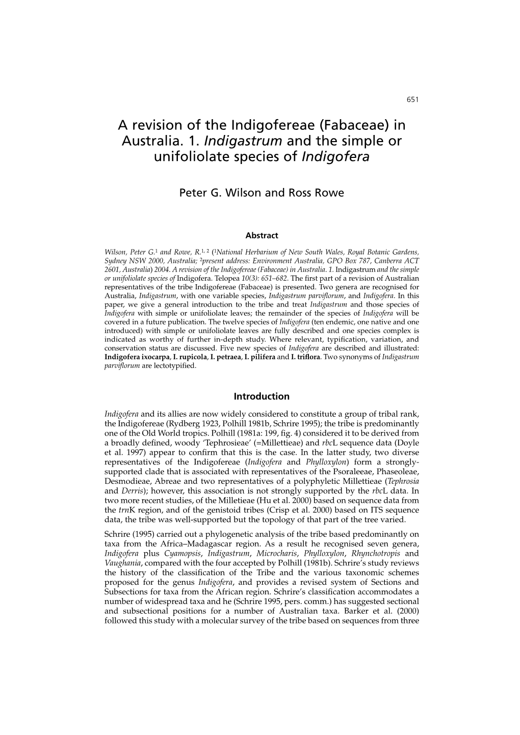 A Revision of the Indigofereae (Fabaceae) in Australia. 1. Indigastrum and the Simple Or Unifoliolate Species of Indigofera